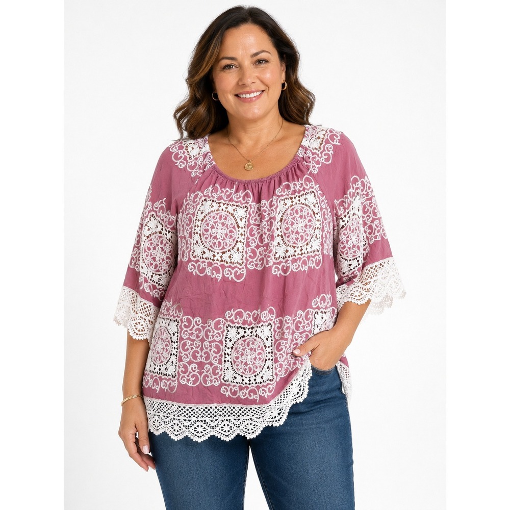 Indigo Thread‎ Co Peasant Top Womens Medium Pink Lace Embroidered Boho Blouse